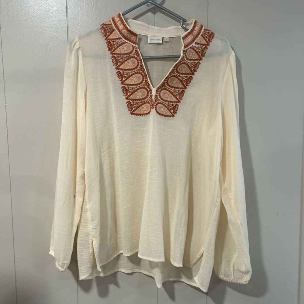 Spartina 449 Embroidered Boho Tunic Top Cream Rust Paisley V Neck Long Sleeve Me
